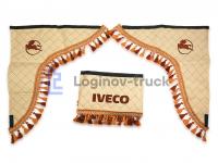 Ламбрекен лоб. стекла + угол с вышивкой IVECO Эко кожа Ромб Бежевый (25729)