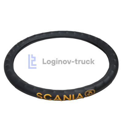 Оплетка на руль 46-48см SCANIA кожа с вышивкой цвет  Чёрный (27840)