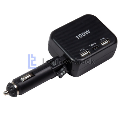 Разветвитель прикуривателя 2 3.1A+1 type C USB 2 разъема 12-24V 100W(29589)