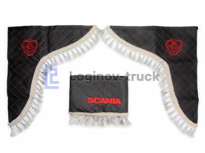 Ламбрекен лоб. стекла + угол с вышивкой SCANIA Эко кожа Ромб Чёрный (25763)