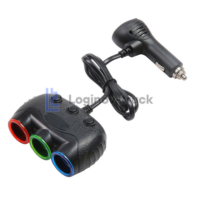 Разветвитель прикур. 3-х фазный  (USB) 3,1А с подсветкой и выключат. вольтметр (28139)