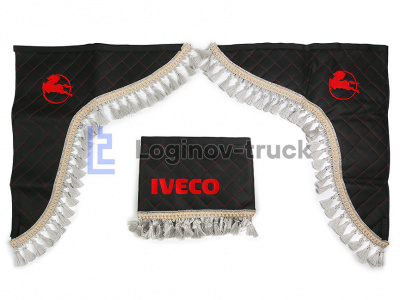 Ламбрекен лоб. стекла + угол с вышивкой IVECO Эко кожа Ромб Чёрный (25733)