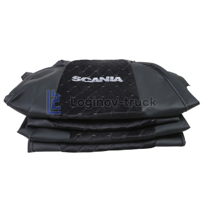 Чехол-сиденья ЭКО КОЖА с Алькантара SCANIA 6 P/G/R/S(2016) (1 выс сид) Черный,. Бел ст.(27345)