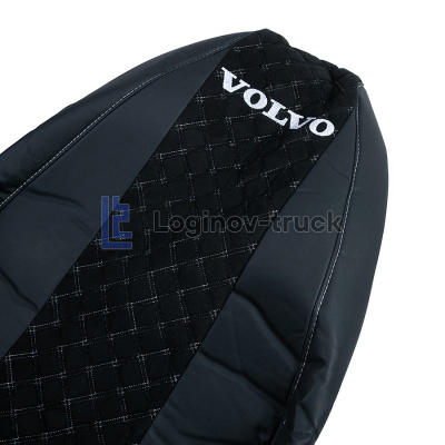 Чехол-сиденья ЭКО КОЖА с Алькантара VOLVO FH/FM/FL (2013) Черный Белая строчка (27378)