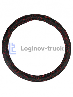 Оплетка на руль 44-46см (DAF, MAN, MB, VOLVO) Экокожа гладкая./Ромб2 Красная строч. (25812)