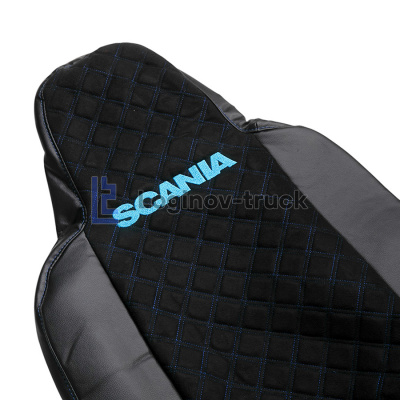 Чехол-сиденья ЭКО КОЖА с Алькантара SCANIA 6 P/G/R/S(2016)  Черный,. Синяя строч.(27352)