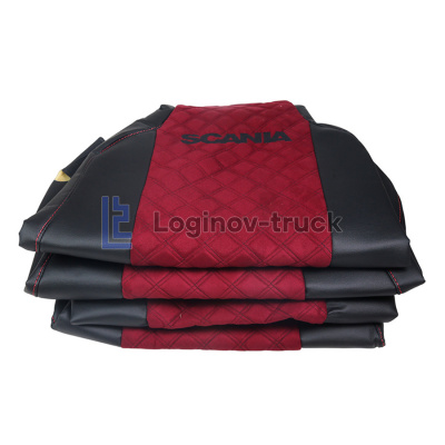 Чехол-сиденья ЭКО КОЖА с Алькантара SCANIA 6 P/G/R/S(2016) (1 выс сид) Черный,. Крас ст.(27346)
