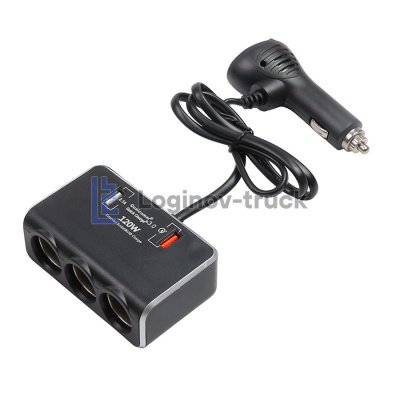Разветвитель прикур. 3-х фазный  (2USB) 3.0 +2.1A с вольтметр (28140)