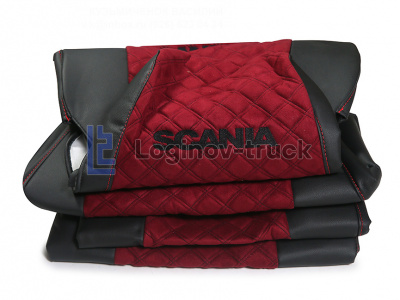 Чехол-сиденья ЭКО КОЖА с Алькантара SCANIA 5 P/G/R/S (2004-2014) Черн-Крас Черная. строчка (26956)