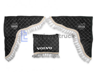 Ламбрекен лоб. стекла + угол с вышивкой VOLVO (Датчики) Эко кожа Ромб Черный, Белая строч. (26367)
